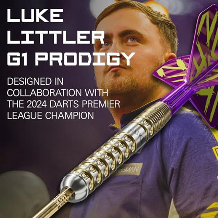 Target Darts Luke Littler Gen 1 Prodigy, 90% Tungsten Steeldarts 23G, Gold mit K-Flex Flights und Shafts, Swiss DX Points-Technologie – Bild 2