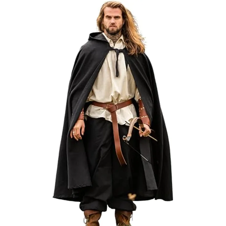 Leonardo Carbone® Mittelalter Umhang Frantz mit Kapuze, 100% Baumwolle Schwarz, für Damen und Herren, ideal für LARP, Cosplay und Mittelalter-Events