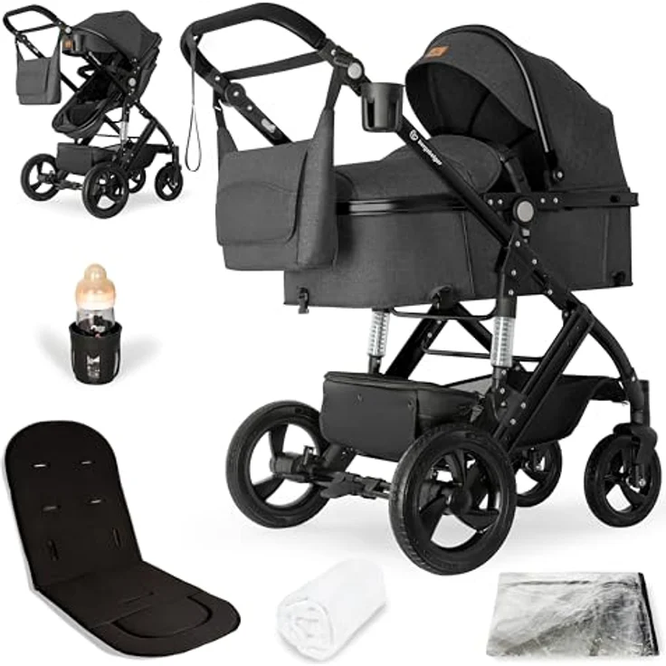 Bergsteiger Nizza 3 in 1 Kinderwagen, Kombikinderwagen Komplettset, Babywanne & Buggy Sportsitz inklusive, Auto-Babyschale & Isofix Station optional, grau – Bild 1