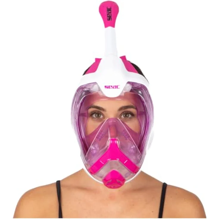 SEAC Magica Schnorchelmaske Vollgesichtsmaske mit Anti-Beschlag System, Dry Top Schnorchel und Auslassventil, weiß/rosa, XS/S – Bild 2