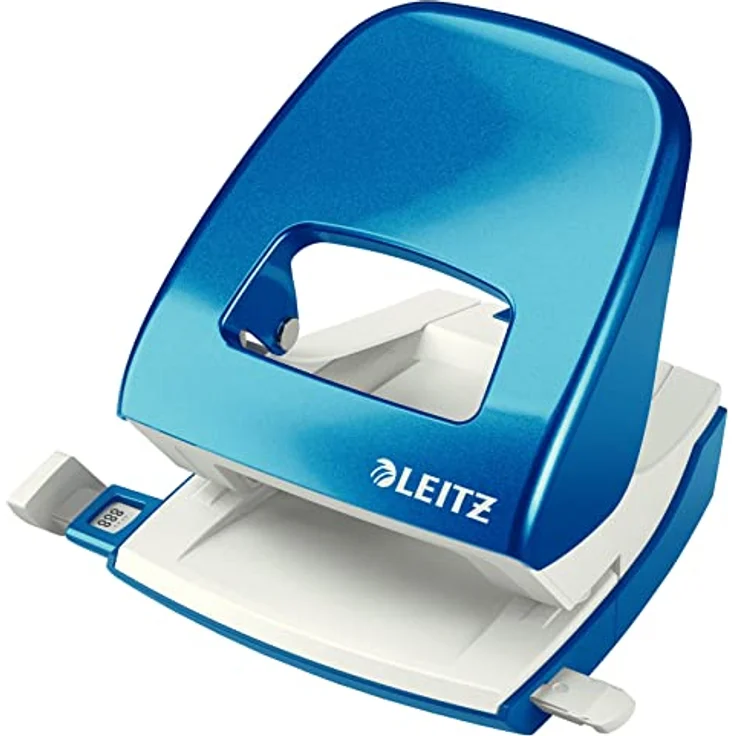 Leitz Büro Locher aus Metall, Für 30 Blatt, Anschlagschiene mit Formatvorgaben, Ergonomisches Design, blau, WOW-Serie, 50081036 - Preisvergleich – Bild 1