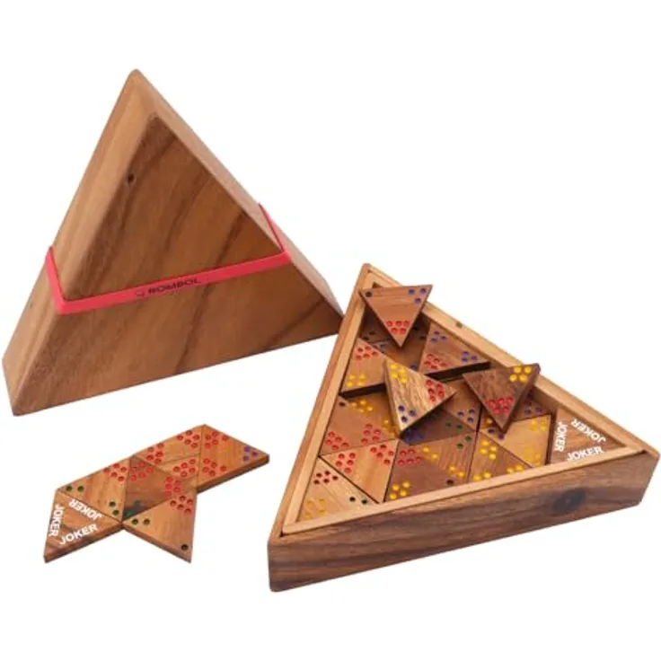 ROMBOL Tridomino 3 - anspruchsvolles Legespiel aus dunklem Samena-Holz für 2-6 Personen, 56 dreieckige Dominosteine, Maße 25 cm x 25 cm x 4,5 cm