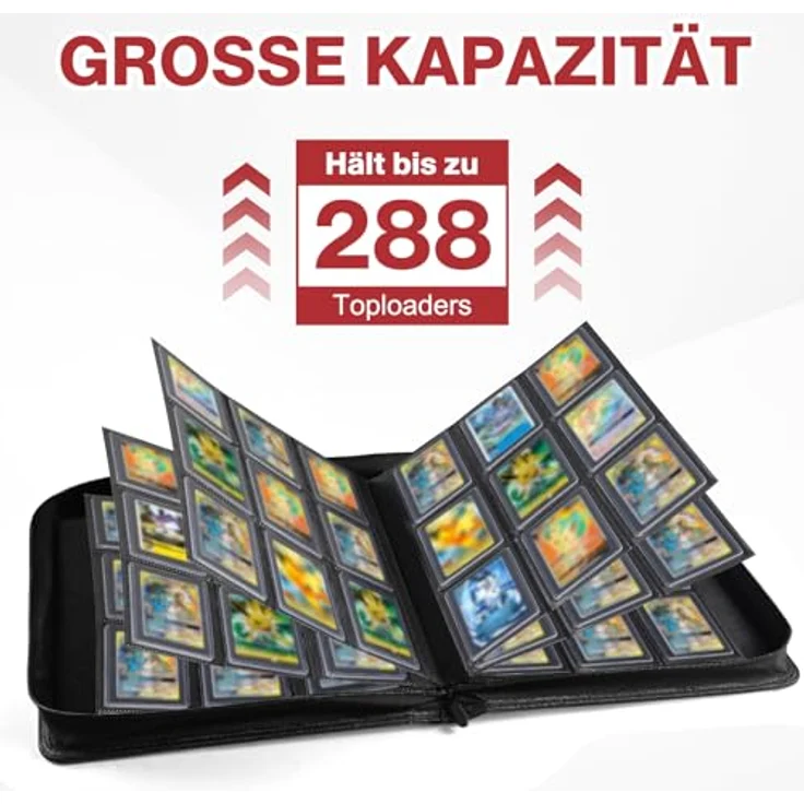 khlerox Toploader Sammelkarten Album für 360 Karten, inkl. 108 Premium-Toploader und 150 Kartenhüllen, wasserabweisend mit Reißverschluss – Bild 4