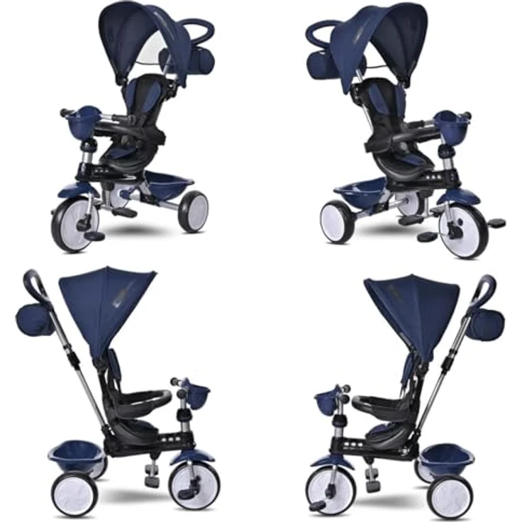 Lorelli Tricycle One 3 in 1, Dreirad mit EVA-Reifen, Schiebestange, Anti-Rutsch Pedalen und faltbarem Sonnendach, Farbe: dunkelblau – Bild 3