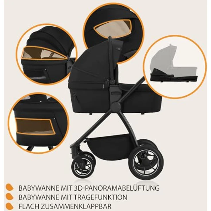 Lionelo Meril 2-in-1 Kombikinderwagen, XL-Babywanne bis 9 kg, Buggy bis 22 kg, geländegängige Gummiräder, Vollfederung, XXL-Verdeck - Black – Bild 6