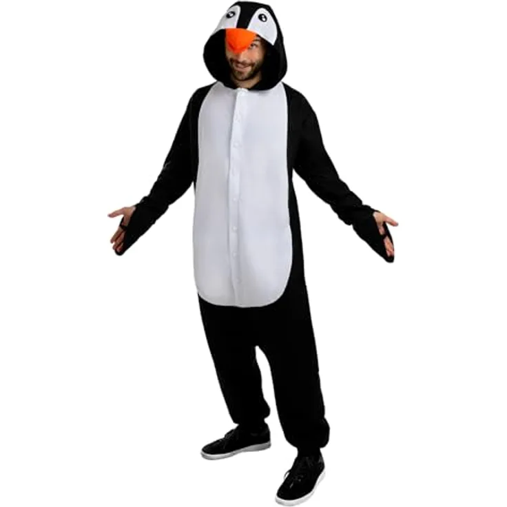 Metamorph Pinguin Onesie Kostüm, flauschiger Einteiler mit angenähter Kapuze und Reißverschluss, Größe L und M