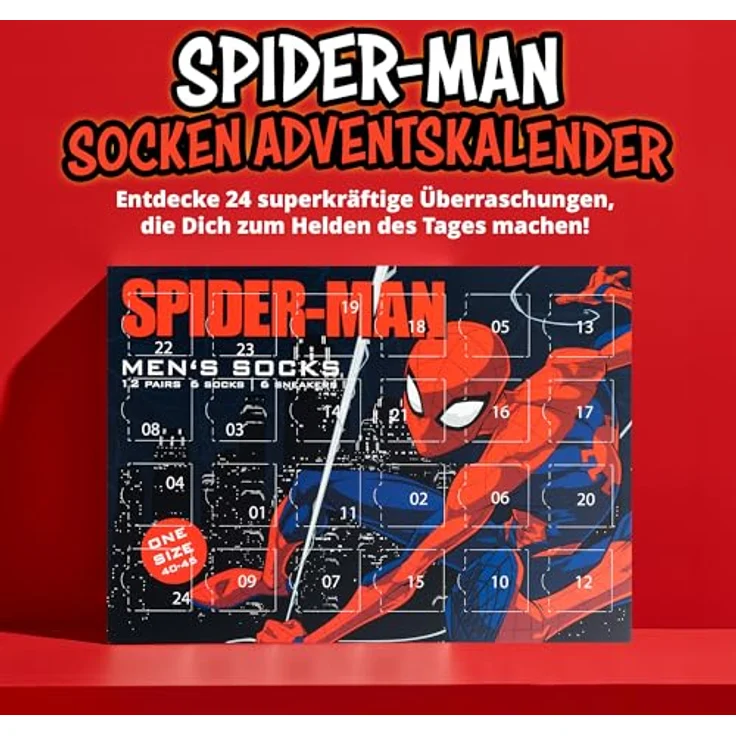 United Labels Marvel Spiderman Adventskalender mit 12 Paar Socken Größe 40-45 für Herren, Weihnachtskalender mit Sneakers und langen Socken, Spiderman Motiv – Bild 2