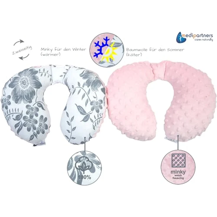 Medi Partners Nackenkissen Kinder Nackenhörnchen, 100% Baumwolle/Minky, Kopfstütze für Auto und Flugzeug, Berry mit rosa Minky, antiallergische Füllung, für komfortable Reisen – Bild 3