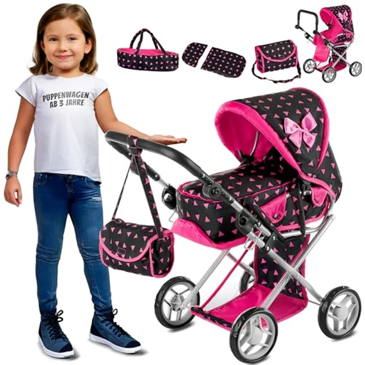Kinderplay Puppenwagen ab 1 2 3 Jahre Kinderwagen Spielzeug - Kombi, 3 in 1, Puppenwagen mit Herausnehmbarer Tragetasche und Umhängetasche, Höhenverstellbar bis 62 cm, KP0200R – Bild 2