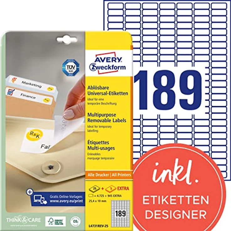 AVERY Zweckform L4731REV-25 Universal-Etiketten, 5.670 wieder ablösbare Aufkleber, 25,4x10mm, 30 Blatt, weiß – Bild 1