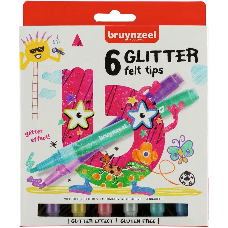 Bruynzeel Faserstift Filzstifte Glitter, 6tlg - Brillante Metallic-Farbe mit Glittereffekt, flexibler Pinselspitze