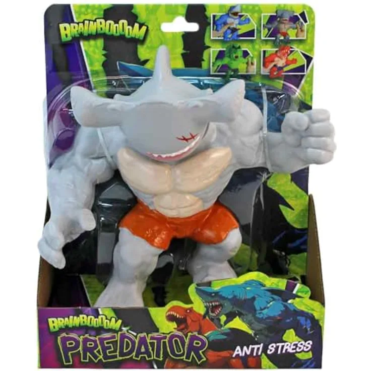BEMIRO BrainBoooom Predator Anti-Stress-Figur, dehnbare Actionfigur im Hai-Design, 22 cm, Grau mit Orange, ideal zum Stressabbau