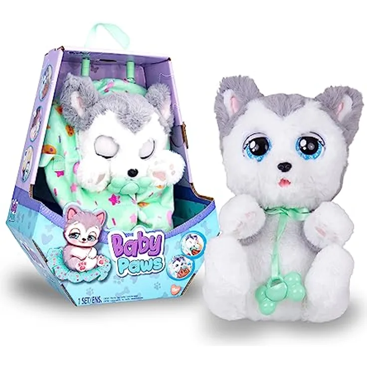 BABY PAWS Husky - Schlafender Hundewelpe und Interaktives Plüschtier Mit Soundfunktion beim Öffnen und Schließen der Augen, inklusive einer Tragedecke!-Geschenk Spielzeug für Kinder ab 18 Monaten