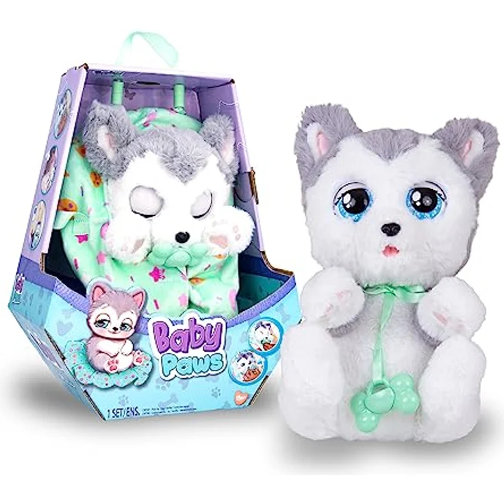 BABY PAWS Husky - Schlafender Hundewelpe und Interaktives Plüschtier Mit Soundfunktion beim Öffnen und Schließen der Augen, inklusive einer Tragedecke!-Geschenk Spielzeug für Kinder ab 18 Monaten – Bild 1