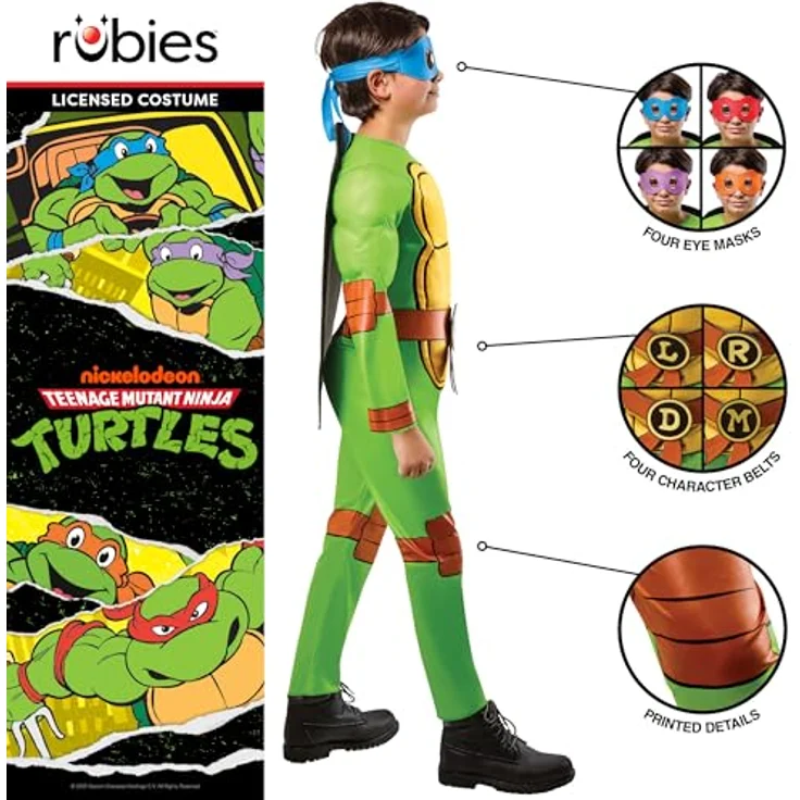 Rubies TMNT 4-in-1-Kostüm für Kinder, 134-140 cm, Leonardo/Donatello/Raphael/Michelangelo, mit farbigen Masken und Gürtel – Bild 3