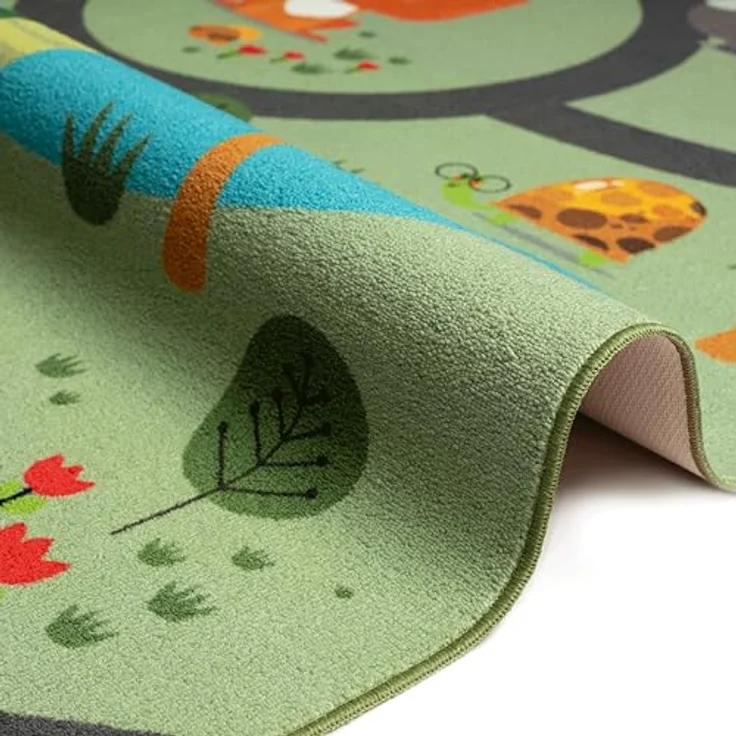Teppich-Traum Kinderteppich Safari Straße, rutschfest, grüner Spielteppich mit Autos und Tieren, 120 x 160 cm, pflegeleicht und schadstofffrei – Bild 5