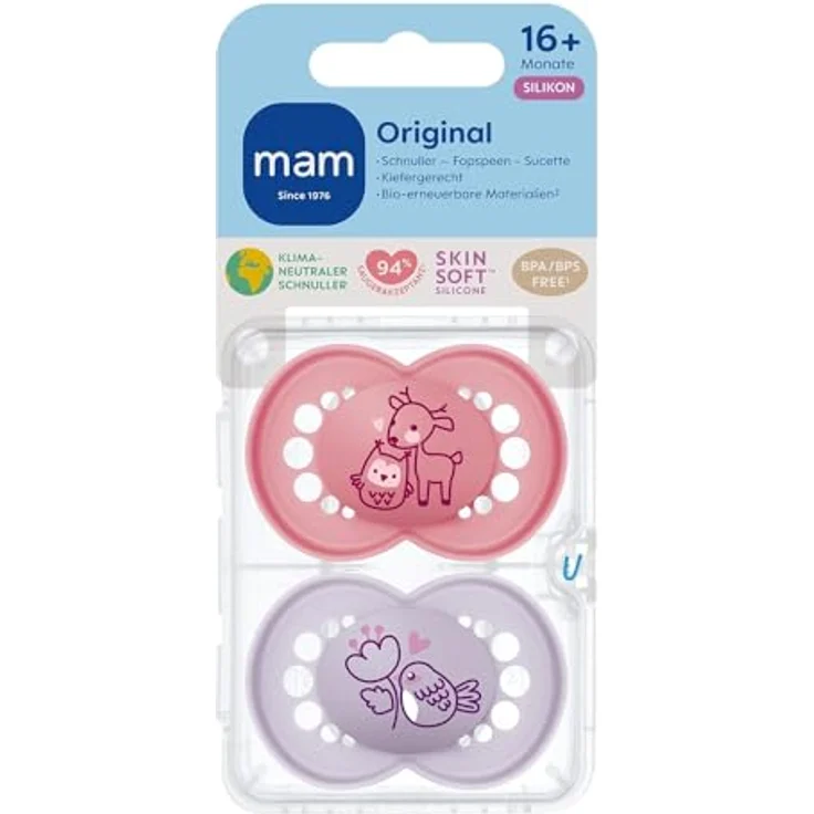 MAM Original Pure Schnuller im 2er-Set, zahnfreundlicher Baby Schnuller aus nachhaltigem & bio-erneuerbarem Material, Sauger aus MAM SkinSoft Silikon, mit Schnullerbox, 16+ Monate, Reh/Vogel – Bild 3