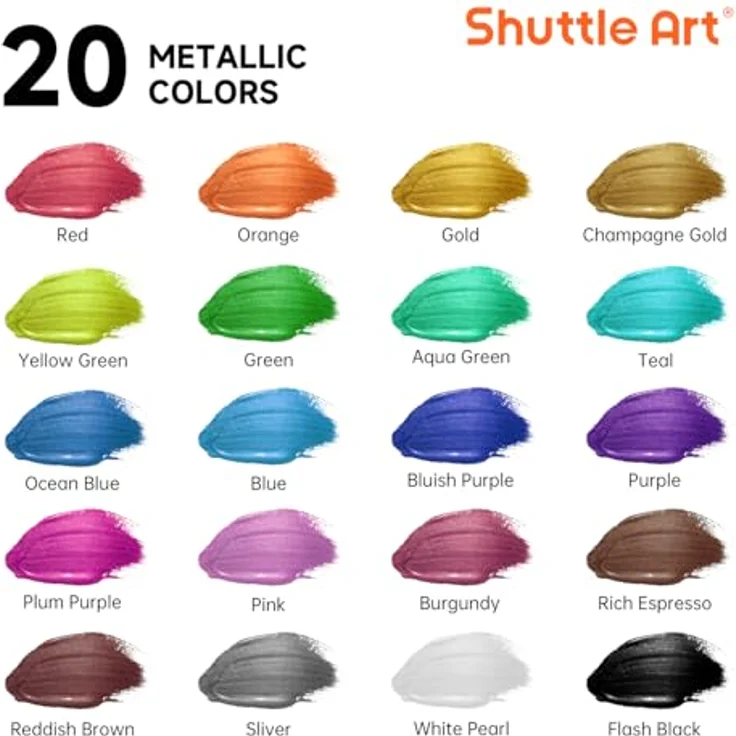 Shuttle Art Metallic Acrylfarben Set, 20x60ml Metallic Acrylfarben mit 10 Pinseln und 1 Palette, schnelltrocknend und wasserdicht für Basteln und Malen auf Leinwand, Holz und Stein, ungiftig – Bild 3