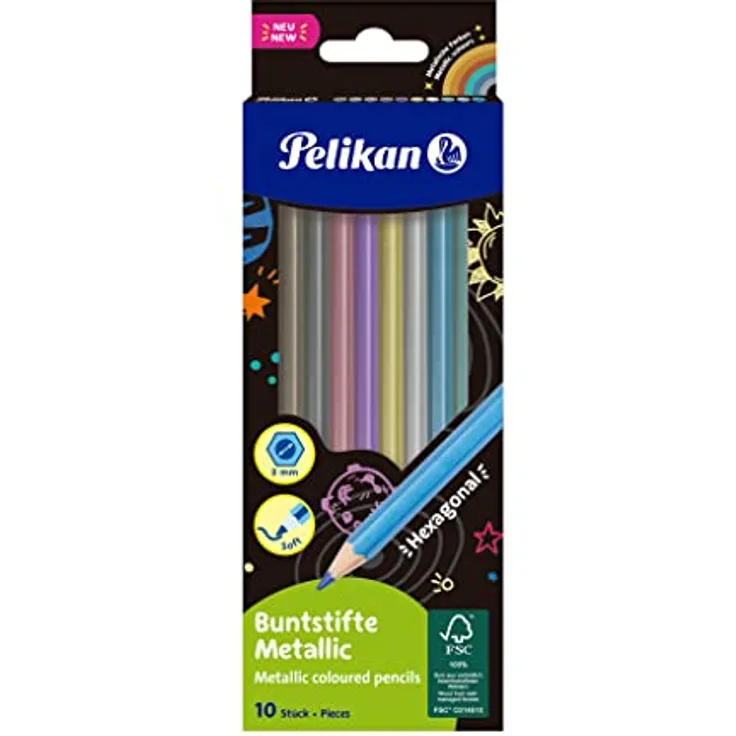 Pelikan Buntstifte Metallic, 10 Farben, sechseckige Malstifte aus Holz, bruchsichere Mine, 701235
