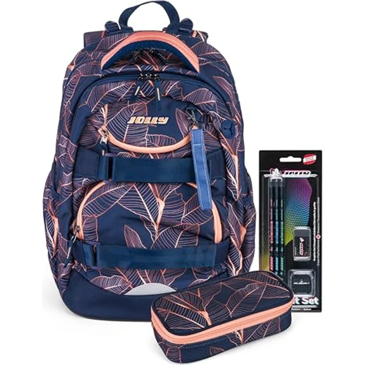 JOLLY Next Generation Rucksack, 8-teilig, verstellbare Schultergurte und Brustgurt, Zwei große Fächer, Seitentaschen für Trinkflasche, gepolsterter Tragegriff, Orange/Blau – Bild 1