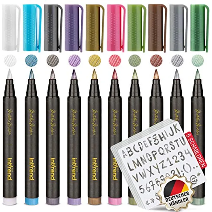 int!rend Premium Metallic Marker Set | 10 Metallic Stifte mit feiner Spitze, 5 Schablonen, DIY Fotoalbum Metallic Marker pen, Scrapbooking, schwarzes u. weißes Papier, Bemalen von Steinen, Holz, Glas
