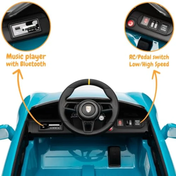 Porsche RUF GT Kinder Elektroauto, 12V, mit Fernbedienung, für 1-5 Jahre, blau, Sicherheitsgurt, MP3-Player, EVA-Reifen – Bild 3