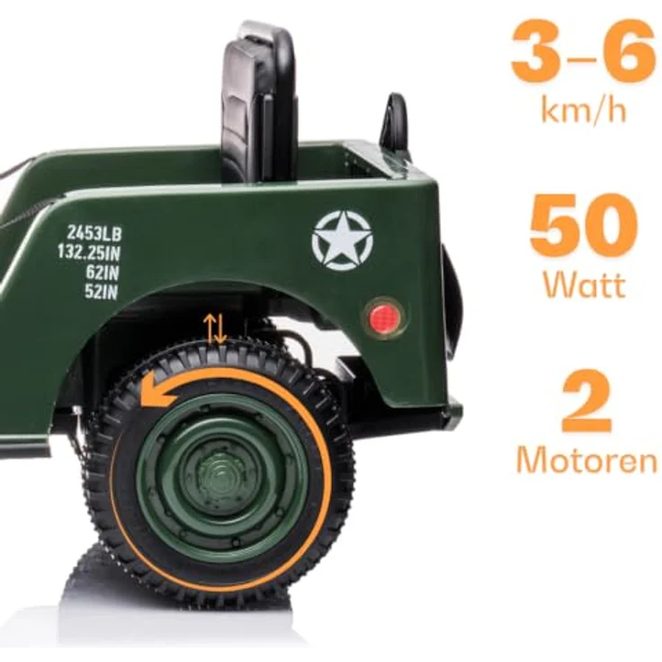 Kijana Willys Elektro-Armeeauto für Kinder 12V - Grün, mit 2 Motoren, Soft-Start-Funktion, MP3-Player und elterlicher Fernbedienung – Bild 5