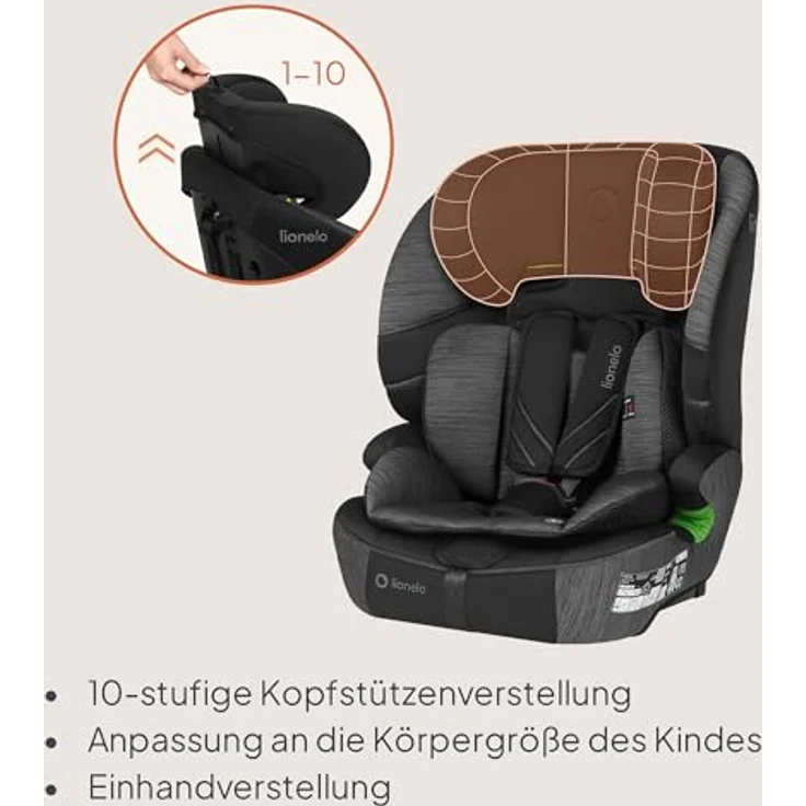 lionelo Autokindersitz LEVI FIX I-SIZE, i-Size konform, für Kinder von 76 bis 150 cm, mit Isofix und TopTether, 10-fach verstellbare Kopfstütze, Dri-Seat-Technologie, abnehmbarer Bezug – Bild 6