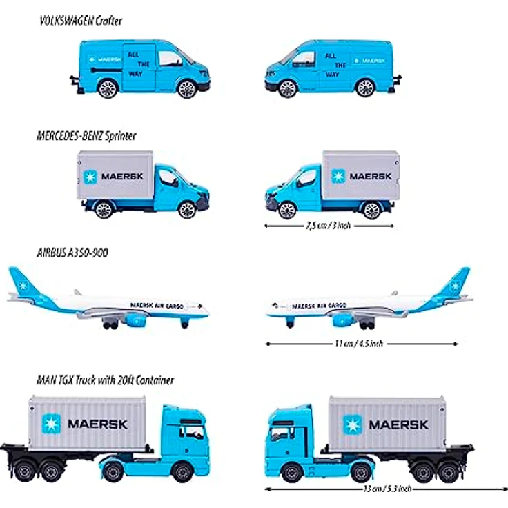 Majorette - Maersk Transport-Fahrzeuge (Geschenkset) - 4 Modellfahrzeuge aus Metall (Man Truck, Mercedes-Benz Sprinter, Volkswagen Crafter & Airbus Flugzeug), Spielzeug für Kinder ab 3 Jahre – Bild 3