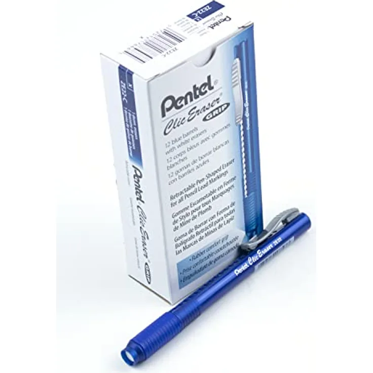 Pentel ZE22C Clic Radiergummi-Griff, einziehbarer Radiergummi, blauer Schaft, 12 Stück
