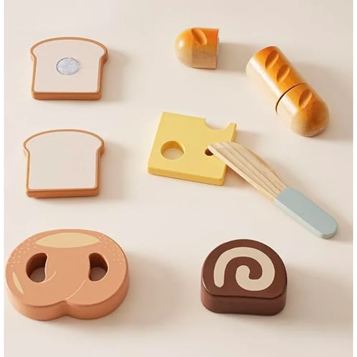 ROBOTIME Holz-Brot-Schneideset für Kinder - Realistisches Bäckereispielzeug mit Holz-Brot, Käse, Bagel & Zubehör, Montessori-Lernspielzeug mit praktischer Tragetasche – Bild 3