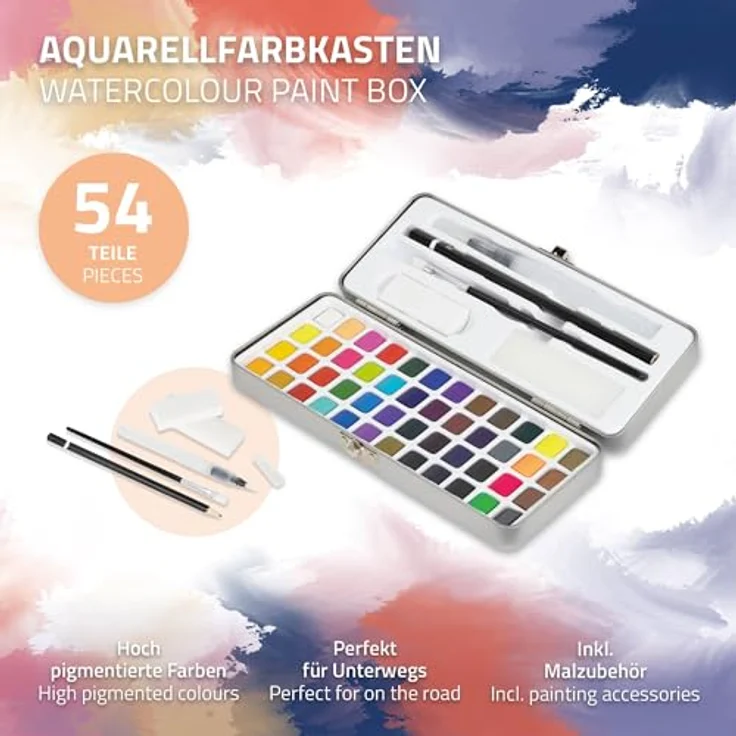 ECD Germany Kreativset Malkoffer 49-tlg, Aquarellfarben Set mit 48 Farben, Pinsel, Bleistift 2B, in silberner Metallschachtel – Bild 2