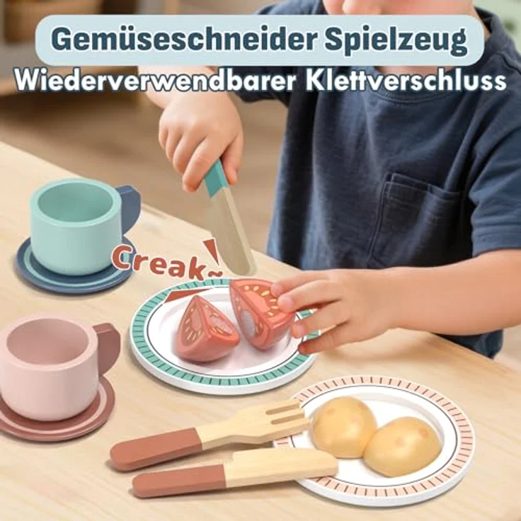 Lehoo Castle Kinderküche Zubehör, Spielküche Holz mit Töpfen, Pfannen und Gemüseschnitten, ab 3 Jahre – Bild 4