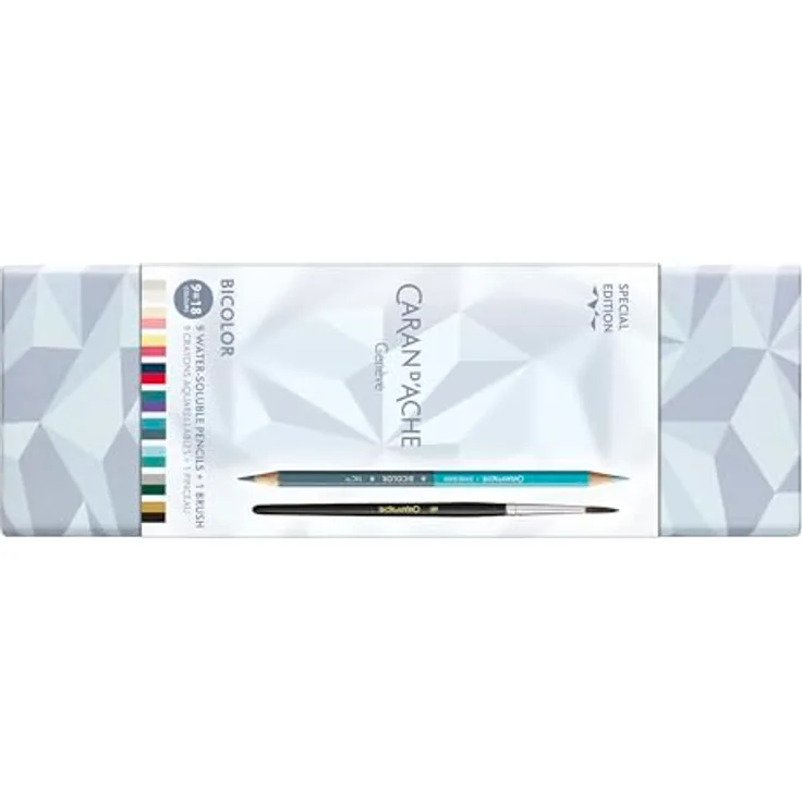 Caran d'Ache Farbset 9 Bicolor Bleistifte Alpine Frost Special Edition, 18 Farben mit Pinsel in Premium Kartonbox, lichtbeständige Künstlerstifte für Aquarellkunst