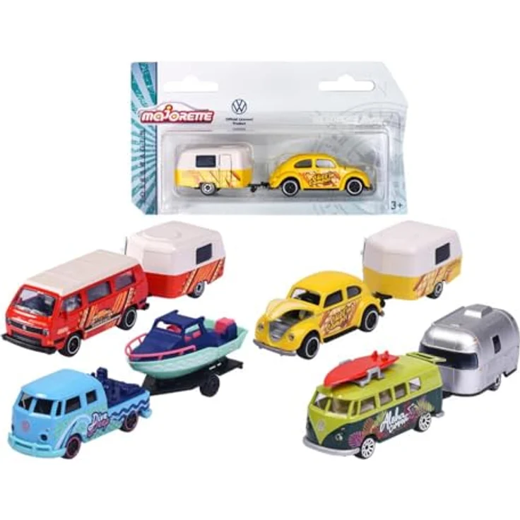 Majorette – Volkswagen The Originals Trailer Set – 1 von 4 zufälligen VW-Modellautos mit Anhänger, Länge 13 cm, Maßstab 1:64, mit VW Lizenz, 1 Set, zufällige Auswahl – Bild 2