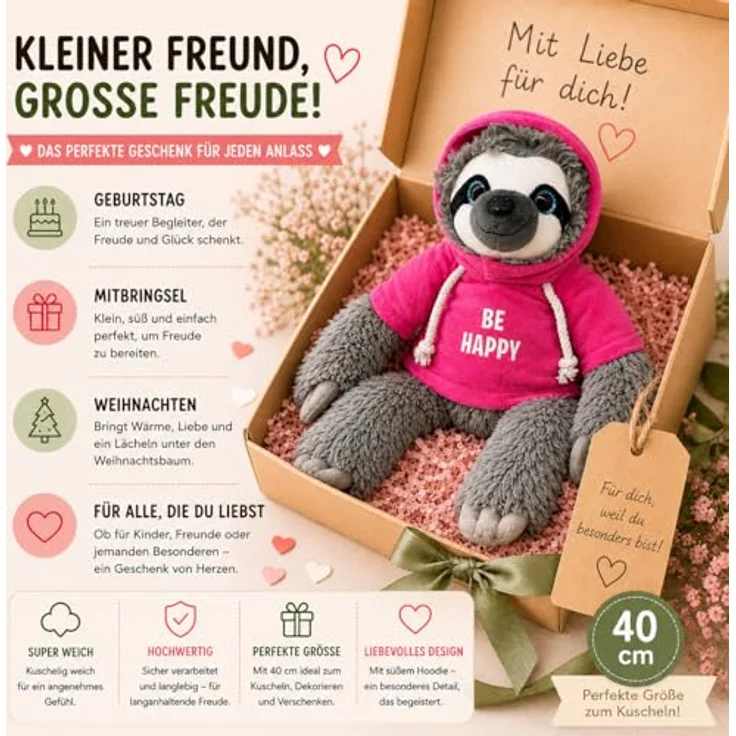 SOMA Faultier Kuscheltier XXL 40 cm Plüschtier Be Happy pink, flauschiges hochwertiges Stofftier für Kinder und Erwachsene, ideales Geschenk für Weihnachten und Halloween – Bild 7
