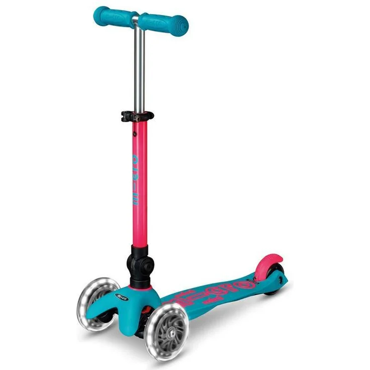 Micro Mobility Mini Micro DELUXE foldable Neon LED Kinderroller, marine pink, für 1-5 Jahre, Faltmechanismus, rutschfester Deck, verstellbarer Lenker