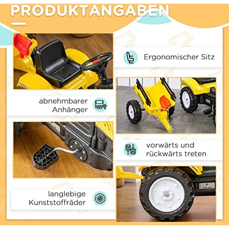 HOMCOM Trettraktor Tretauto Traktor mit AnhГ¤nger Kindertrettraktor Metall Gelb, L133 x B42 x H51cm, für Kinder ab 3 Jahren, mit 6 Rädern für optimale Standfestigkeit - Preisvergleich – Bild 3