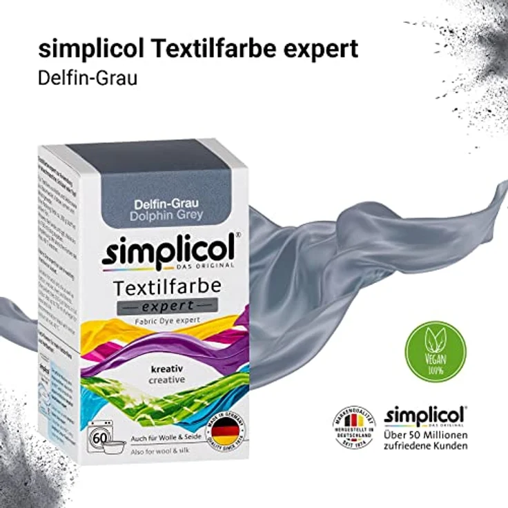 simplicol Textilfarbe expert Delfin-Grau 1717 - Zum Umfärben und Auffrischen von Kleidung, Waschmaschinenfest, für Baumwolle, Wolle, Seide, Leinen, Viskose & Mischgewebe – Bild 4