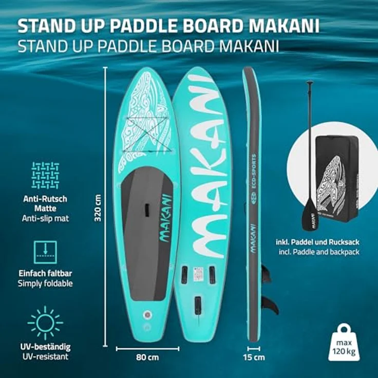 ECD Germany Aufblasbares Stand Up Paddle Board Makani | 320 x 80 x 15 cm | Türkis | PVC | bis 120 kg | Komplettes Zubehör inkl. Paddel und Handpumpe – Bild 2