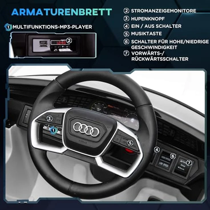 HOMCOM Elektro Kinderauto 12V Audi E-tron Elektroauto mit Sicherheitsgurt, Musik (MP3/USB/TF), für Kinder 3-5 Jahre, Weiß – Bild 4