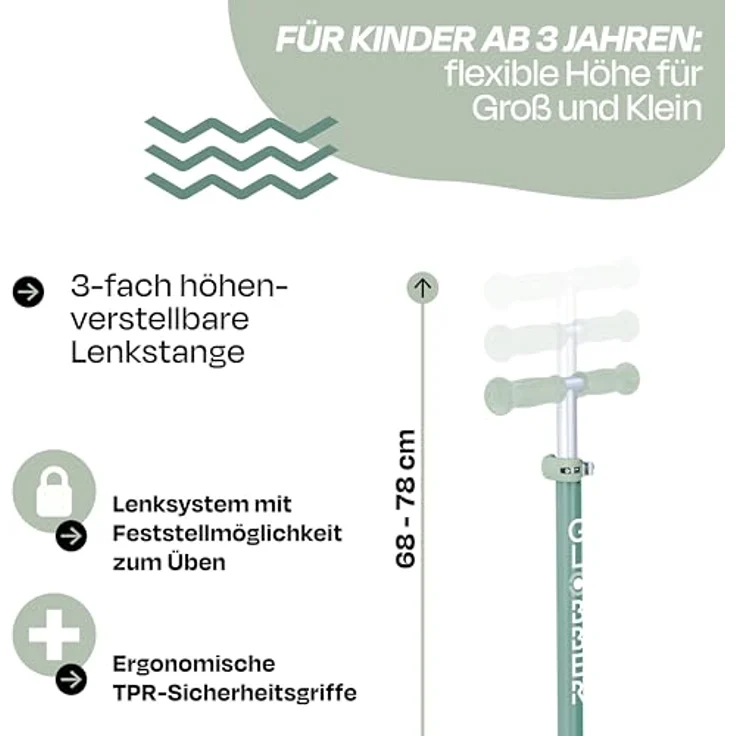Globber PRIMO FOLDABLE LIGHTS ECO, Kinder-Scooter mit Leuchtrollen, klappbar, 3-fach höhenverstellbar, pistazie – Bild 5