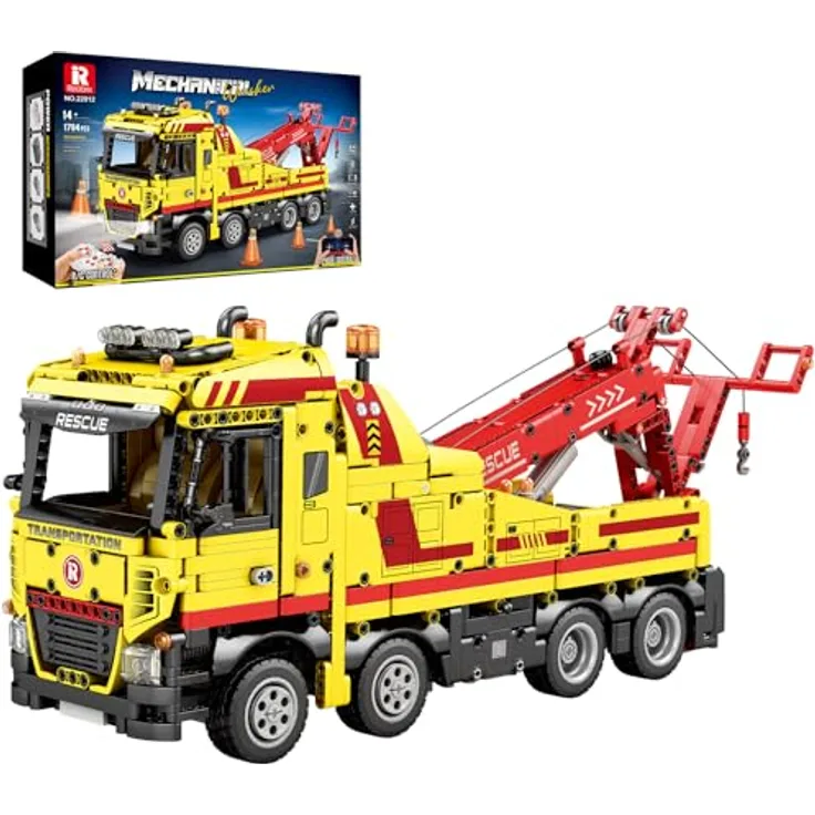 Reobrix Abschleppwagen-Bausteine 22012, Mechanisches Rettungsfahrzeug mit RC-Fernbedienung und Doppelantrieb, 1794 Teile für interaktive Spiele