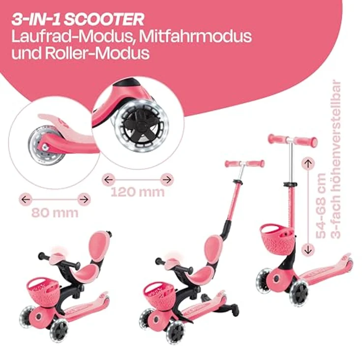 Globber GO-UP BABY 360 LIGHTS coral pink-pastellrosa, 3-in-1 Kinderfahrzeug mit LED-Leuchten und Klappmechanismus – Bild 4