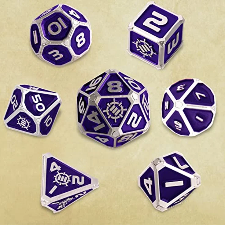 ENHANCE Würfelset aus Metall, 7 polyedrische Würfel mit 2-in-1-Würfeltasche und Würfeltablett aus veganem Leder, lila Sammleredition für Dungeon and Dragons RPG – Bild 5
