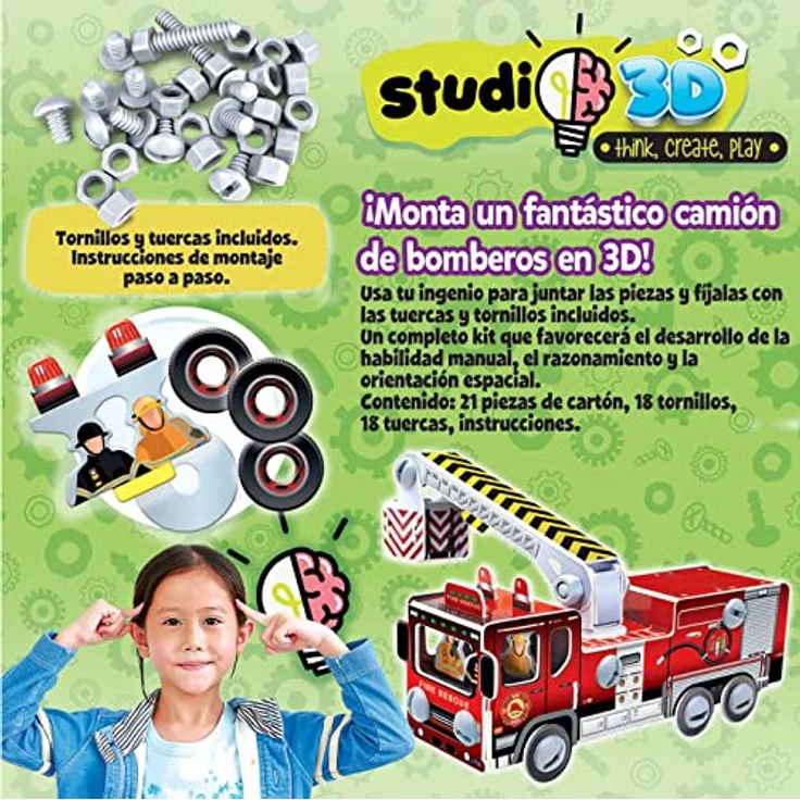 Educa 19186, Studio 3D Feuerwehr Bausatz, 21 Kartonteile mit Schrauben und Muttern, geeignet für Kinder ab 5 Jahren – Bild 3