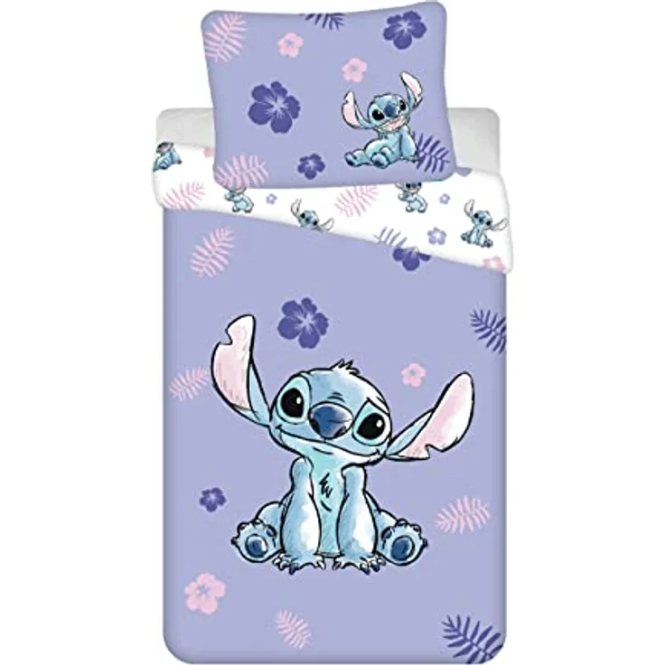 Jerry Fabrics Kinder Bettwäsche Wendebettwäsche Lilo und Stitch mit Blumen lila, 100% Baumwolle, 140x200 cm Bettdeckenbezug, 70x90 cm Kopfkissenbezug