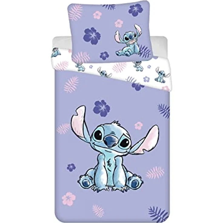 Jerry Fabrics Kinder Bettwäsche Wendebettwäsche Lilo und Stitch mit Blumen lila, 100% Baumwolle, 140x200 cm Bettdeckenbezug, 70x90 cm Kopfkissenbezug – Bild 1