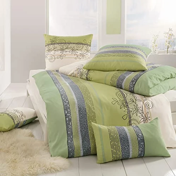 Erwin Müller Bettwäsche, Bettgarnitur Fein-Biber Blumen 4-TLG Sparpaket grün-blau-weiß Größe 135x200 cm (80x80 cm) - hautsymphatisch, bügelleicht, mit Marken-Reißverschluss (weitere Größen) – Bild 4