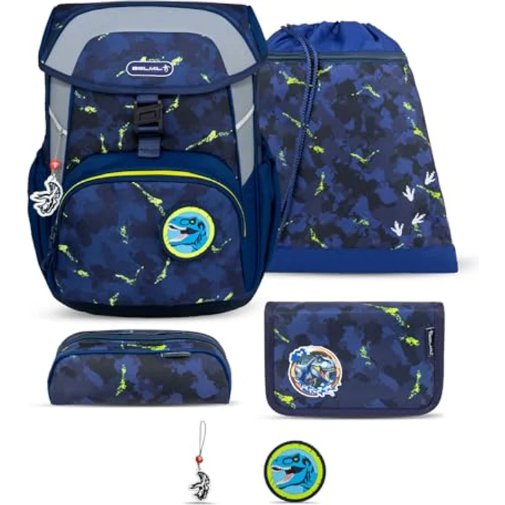 Belmil Maxi Schulranzen Set 5-teilig, ergonomisch mit Brustgurt, wasserabweisend, 22 L, T-Rex – Bild 1